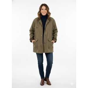 Eddie Bauer Womens L Olive Green Cotton Canvas Barn Jacket Corduroy Trim Utility